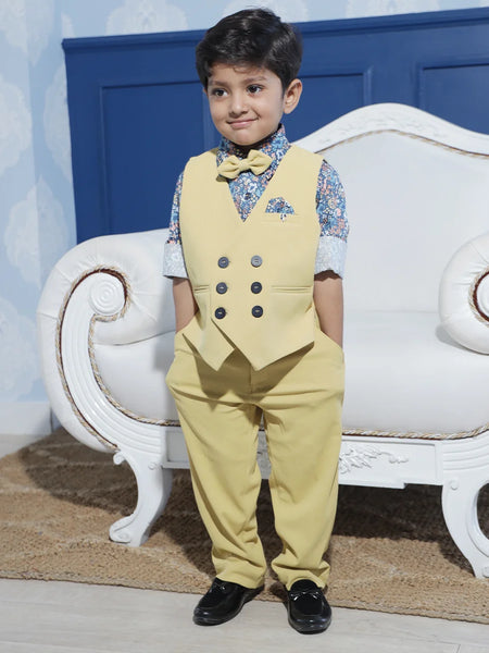  This boys party clothes set consists of a yellow Coloured waistcoat, matching pants and a self-printed blue Coloured shirt.