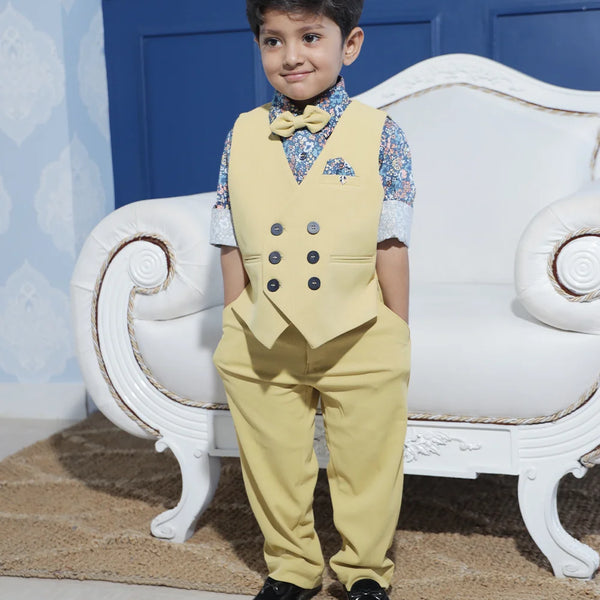  This boys party clothes set consists of a yellow Coloured waistcoat, matching pants and a self-printed blue Coloured shirt.