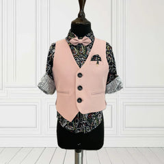This boys party clothes set consists of a light pink Coloured waistcoat, matching pants and a self-printed shirt. It features a matching bow, a cute broach and a printed pocket square that uplifts the entire look.