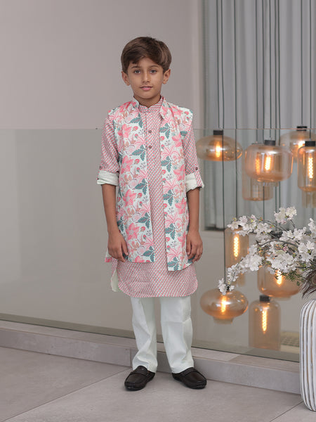 Trendy kids kurta pyjama set with self-printed jacket, Jaipur boutique