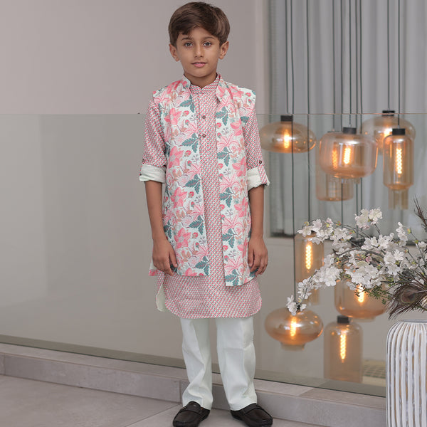 Trendy kids kurta pyjama set with self-printed jacket, Jaipur boutique