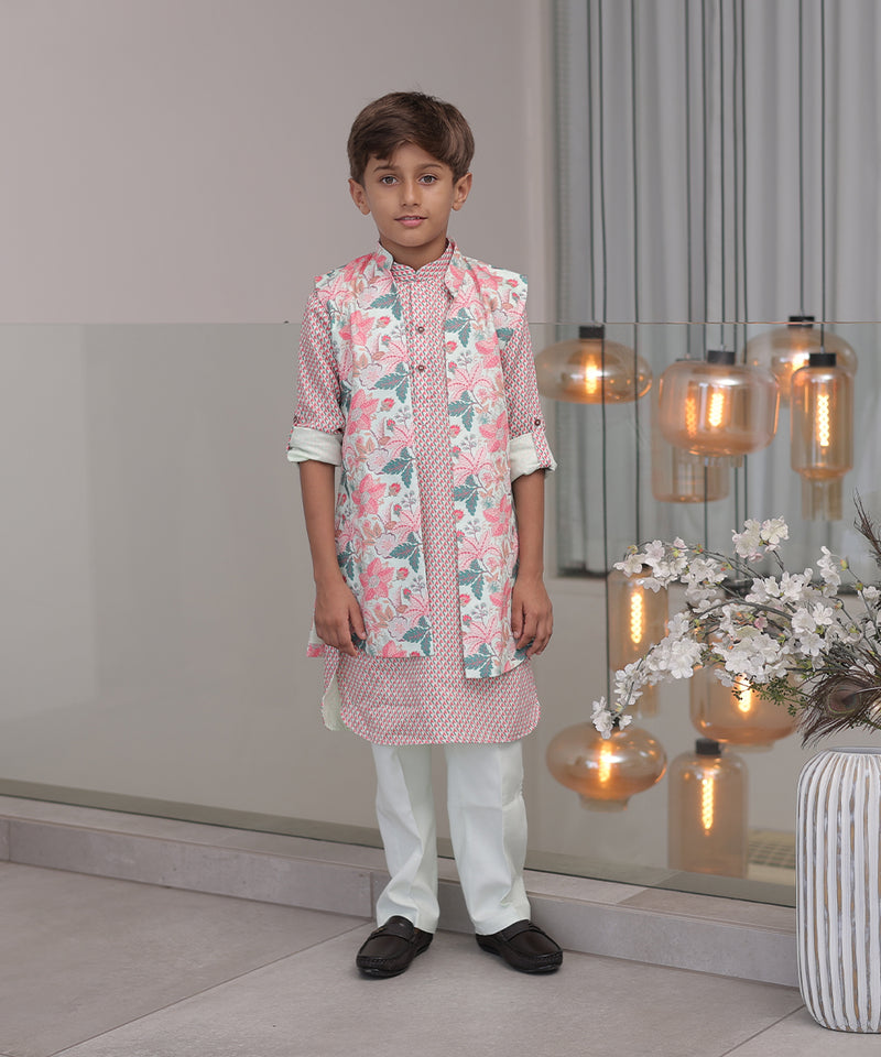 Trendy kids kurta pyjama set with self-printed jacket, Jaipur boutique