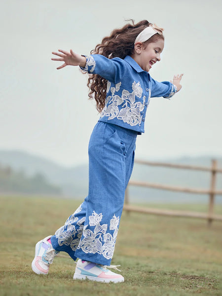 Blue embroidered cotton co ord set for girls in Jaipur