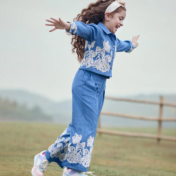 Blue embroidered cotton co ord set for girls in Jaipur
