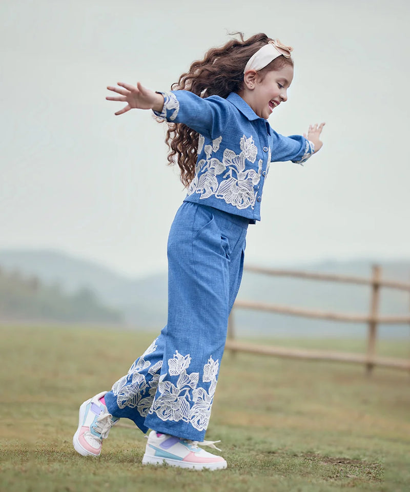 Blue embroidered cotton co ord set for girls in Jaipur
