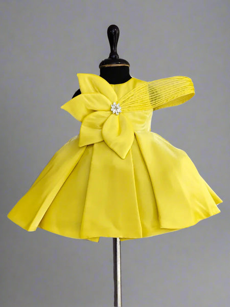 Neon yellow knee-length birthday frock, top-rated kidswear shop Jaipur