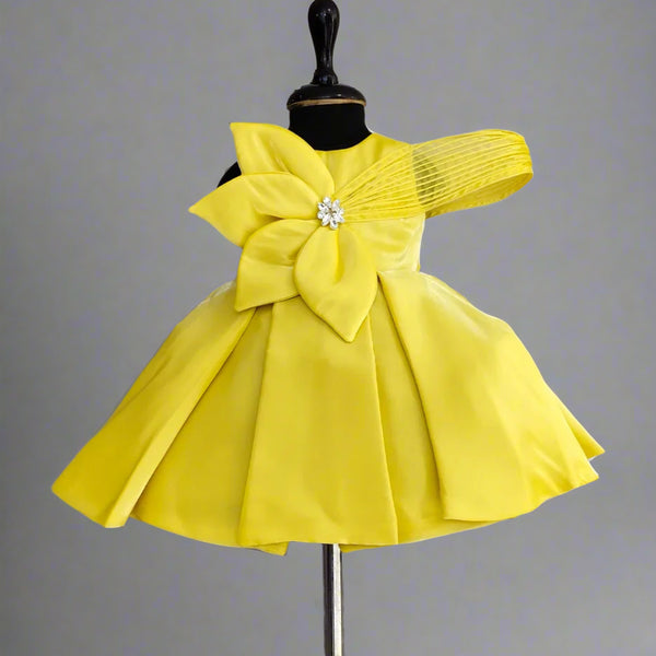 Neon yellow knee-length birthday frock, top-rated kidswear shop Jaipur