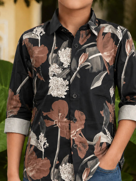 Boys Black Floral Printed Shirt