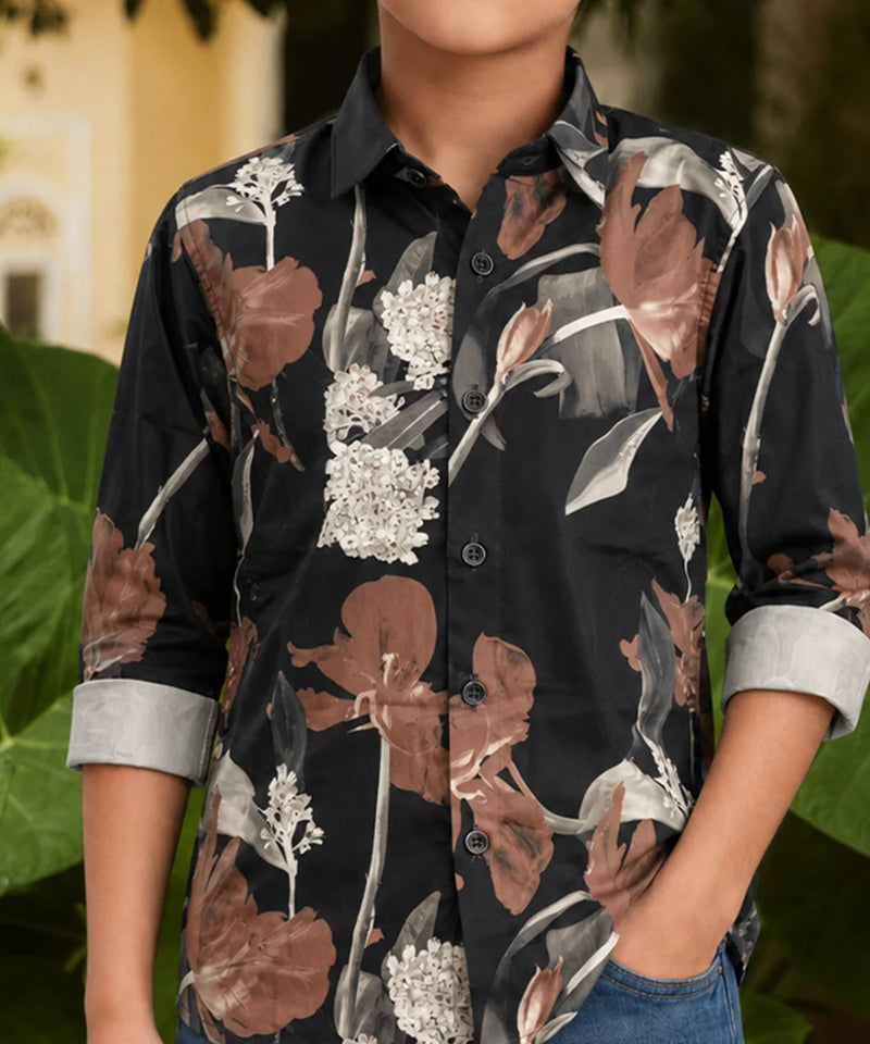 Boys Black Floral Printed Shirt