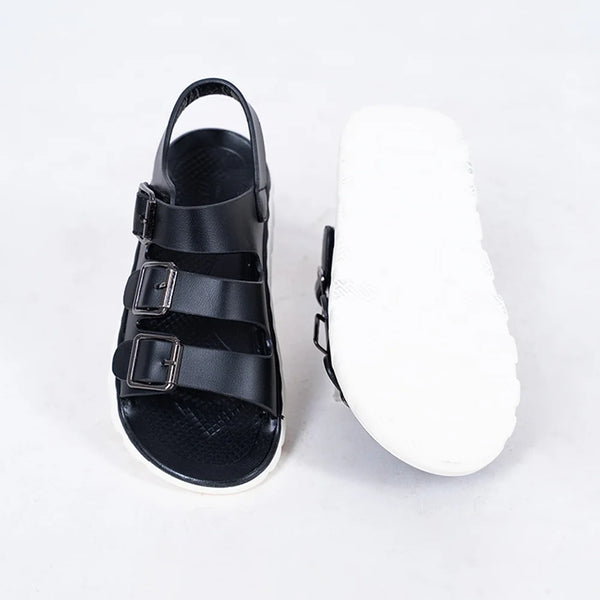 Close-up of trendy black open-toe sandals for boys with metal buckles, Jaipur