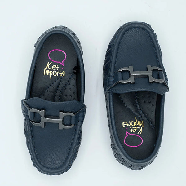 Close-up of trendy kids' navy blue moccasins with cushioned insole and basket-weave pattern, Jaipur

