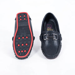 Close-up of trendy kids' black party moccasins with cushioned insole and woven pattern, Jaipur

