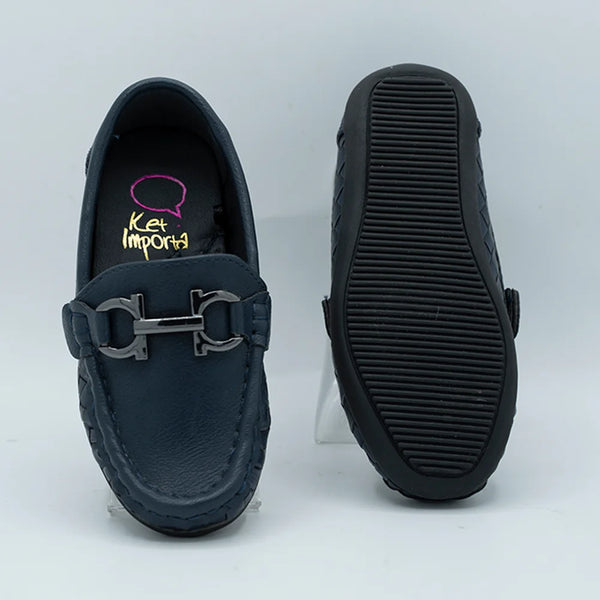 Close-up of trendy kids' navy blue moccasins with cushioned insole and basket-weave pattern, Jaipur