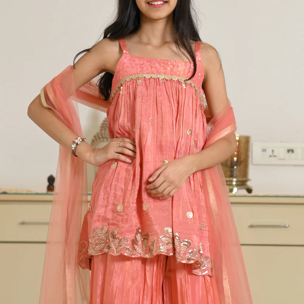 Trendy peach palazzo set for girls with festive embroidery and dupatta, Jaipur