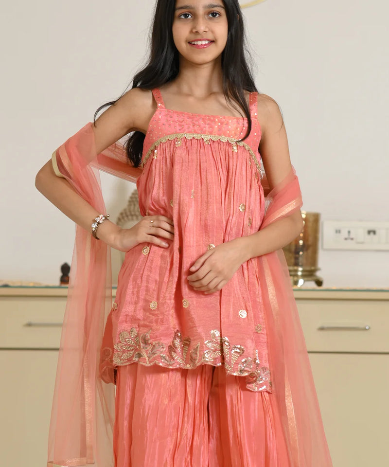 Trendy peach palazzo set for girls with festive embroidery and dupatta, Jaipur