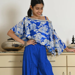 Trendy royal blue palazzo set for girls with off-shoulder cape, Jaipur