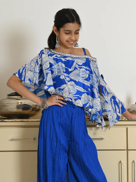 Trendy royal blue palazzo set for girls with off-shoulder cape, Jaipur