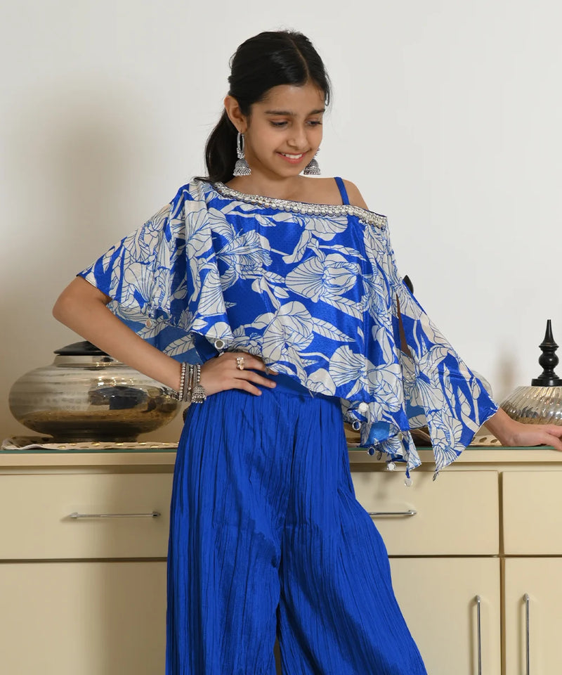 Trendy royal blue palazzo set for girls with off-shoulder cape, Jaipur