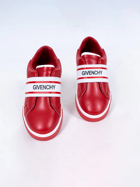 Kids' trendy red designer sneakers for girls featuring branded elastic strap, Jaipur