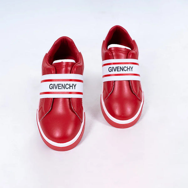 Kids' trendy red designer sneakers for girls featuring branded elastic strap, Jaipur