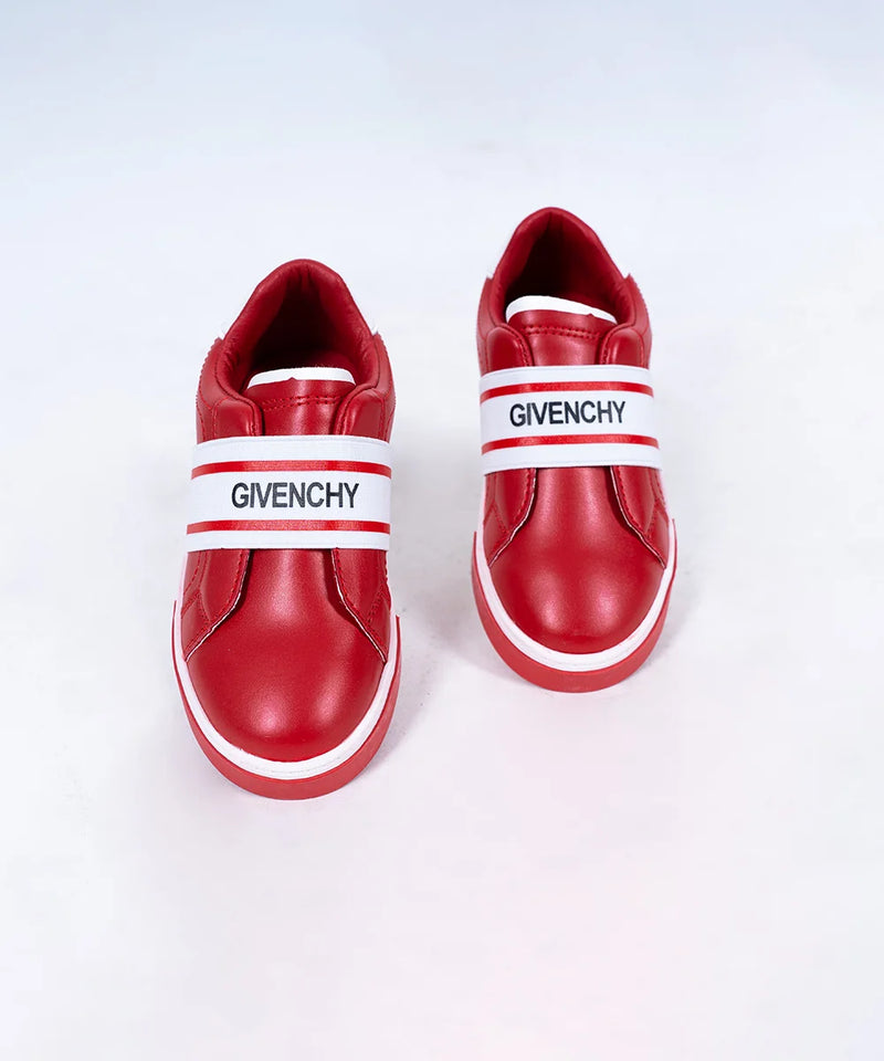 Kids' trendy red designer sneakers for girls featuring branded elastic strap, Jaipur