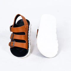 Close-up of trendy tan open-toe sandals for boys with metal buckles, Jaipur