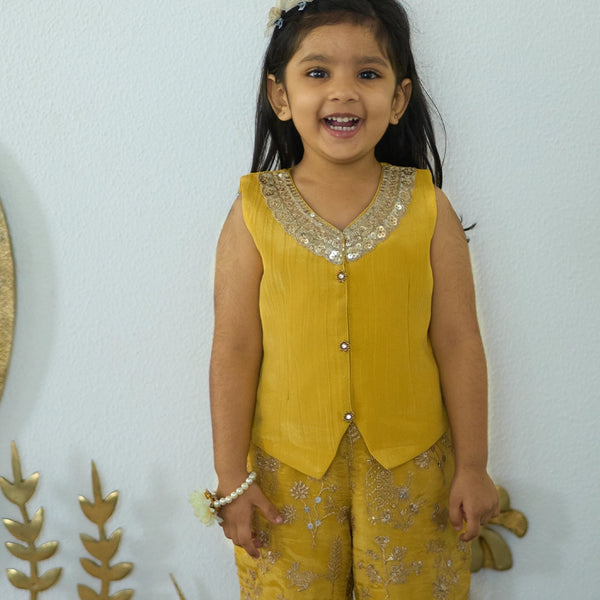 Kids' trendy yellow festive palazzo suit featuring sequin embroidery, Jaipur
