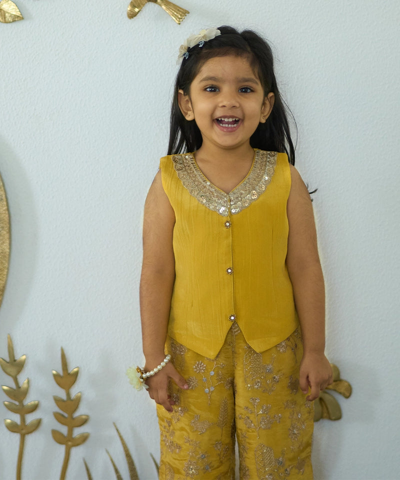 Kids' trendy yellow festive palazzo suit featuring sequin embroidery, Jaipur