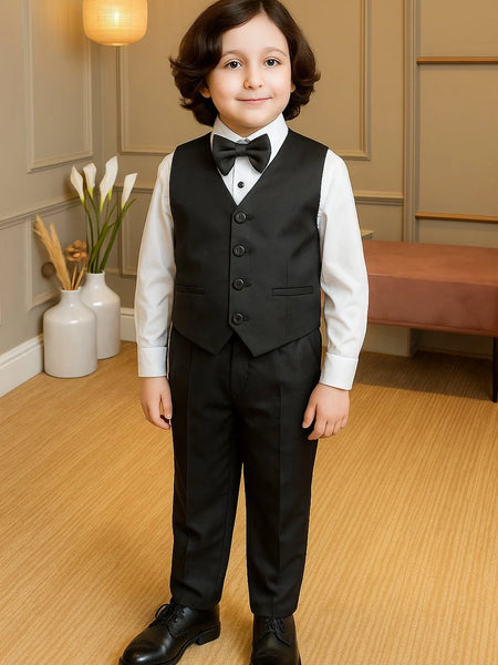 Young boy in a formal black suit standing in a room with light wood flooring and neutral walls.