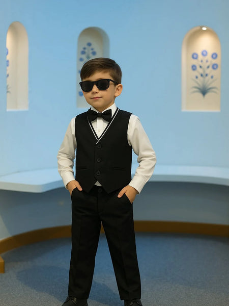 Young boy in a formal outfit with sunglasses standing in a room with light blue walls and decorative elements.