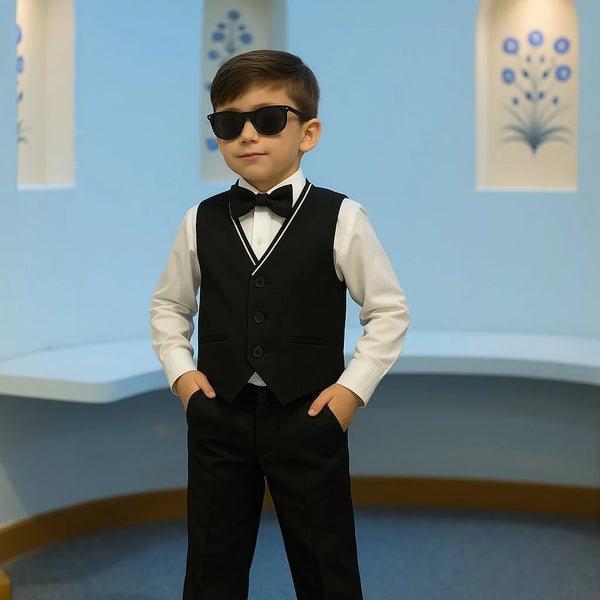 Young boy in a formal outfit with sunglasses standing in a room with light blue walls and decorative elements.