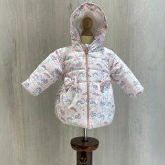 This pink Colored  kids winter wear consists of a unicorn printed warm Jacket with a hoodie.