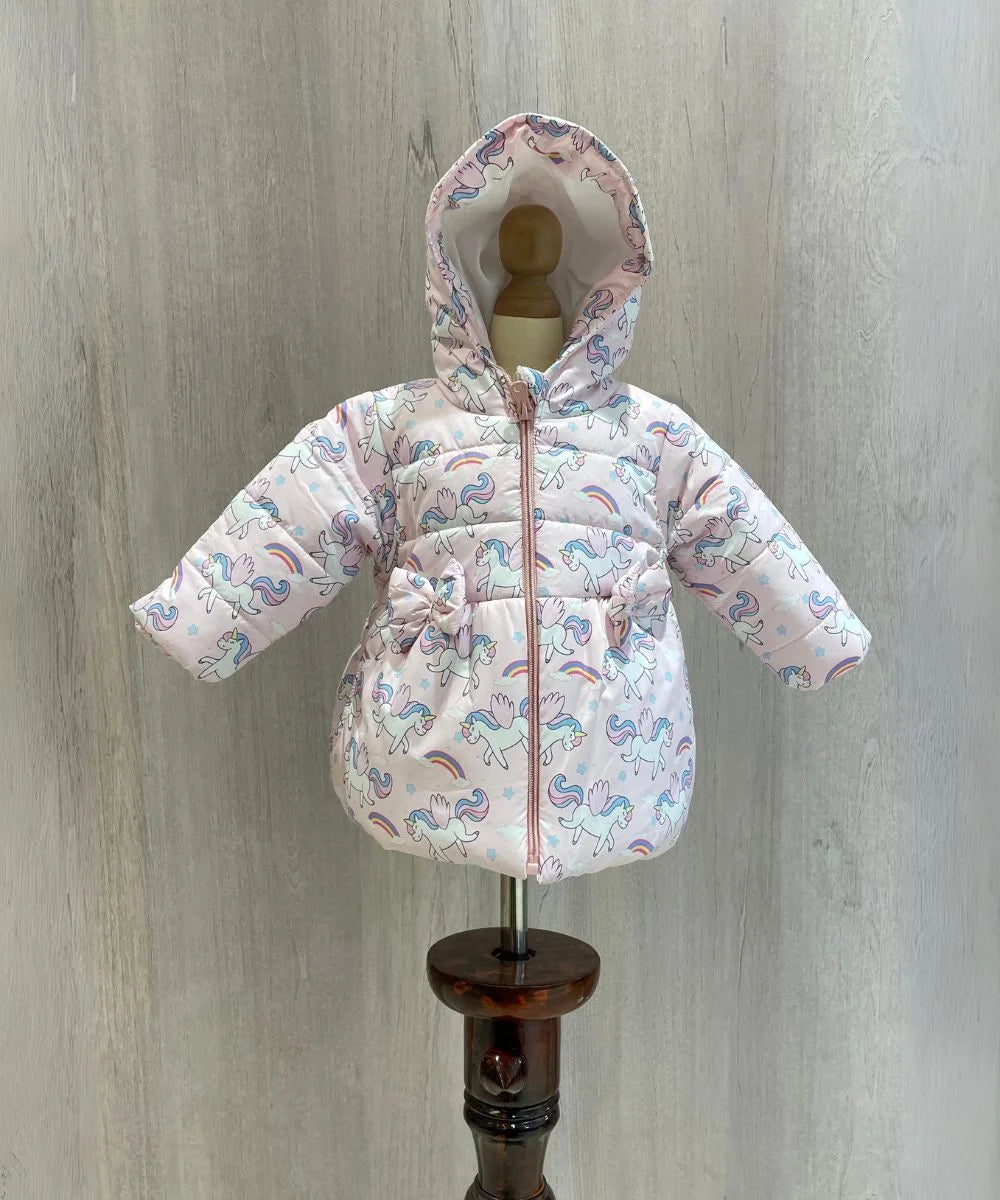 This pink Colored  kids winter wear consists of a unicorn printed warm Jacket with a hoodie.
