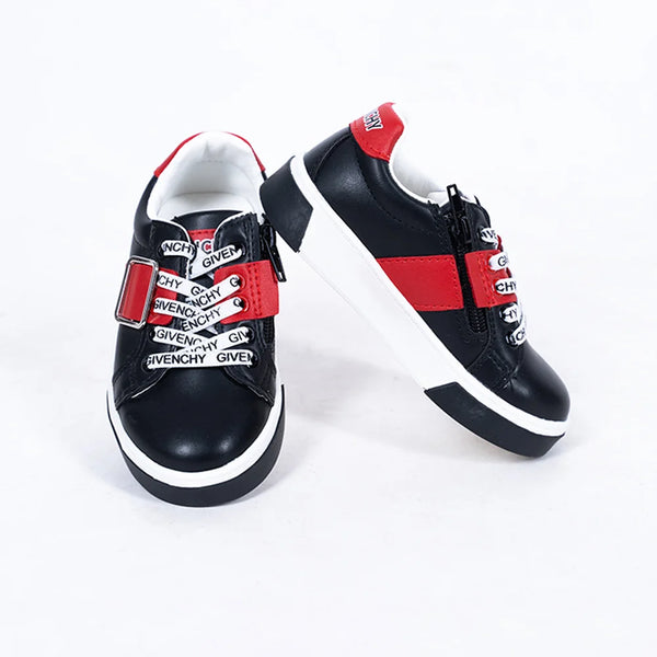 Unisex black and red designer sneakers for kids with logo laces and side zipper, Jaipur, ages 1–8 years