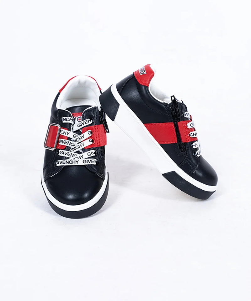 Unisex black and red designer sneakers for kids with logo laces and side zipper, Jaipur, ages 1–8 years