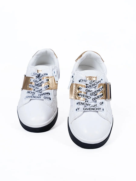 Unisex white and gold designer sneakers for kids with logo laces and black toe, Jaipur, ages 1–8 years