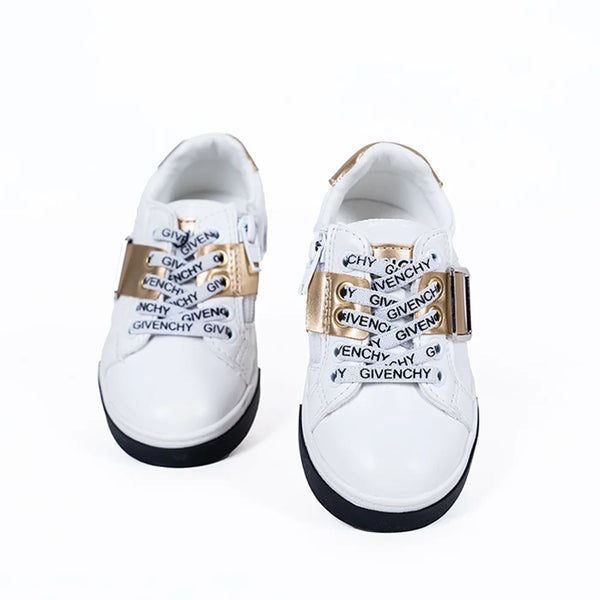 Unisex white and gold designer sneakers for kids with logo laces and black toe, Jaipur, ages 1–8 years