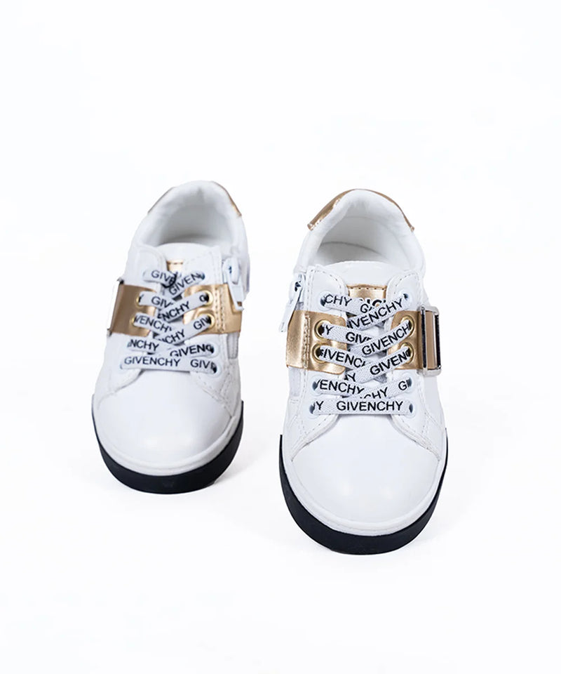 Unisex white and gold designer sneakers for kids with logo laces and black toe, Jaipur, ages 1–8 years