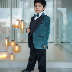Boys green velvet double-breasted suit Jaipur kids boutique