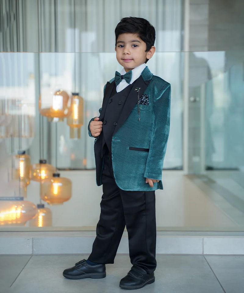 Boys green velvet double-breasted suit Jaipur kids boutique