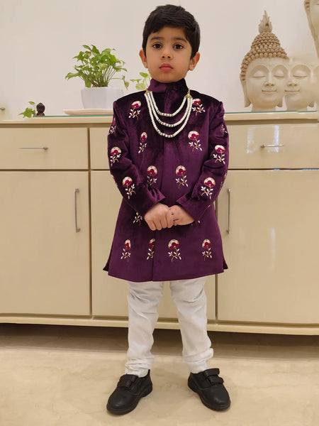 Self-embroidered velvet achkan set, full sleeves, wedding outfit for boys Jaipurwedding
