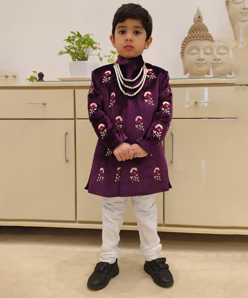 Self-embroidered velvet achkan set, full sleeves, wedding outfit for boys Jaipurwedding
