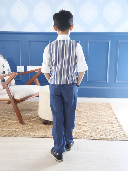 back view of printed waist coat suit set for boys 