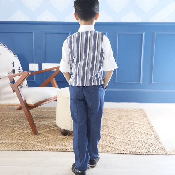 back view of printed waist coat suit set for boys 