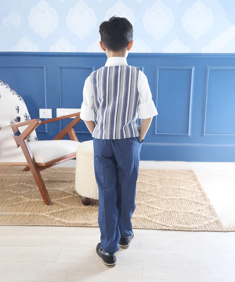 back view of printed waist coat suit set for boys 