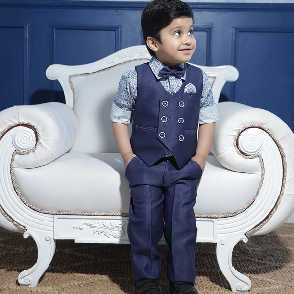 formal wear navy blue waist coat suit set for boys