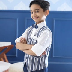  It features a matching bow, a cute broach and a pocket square that uplifts the entire look.