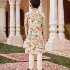Back view of boys' printed wedding sherwani