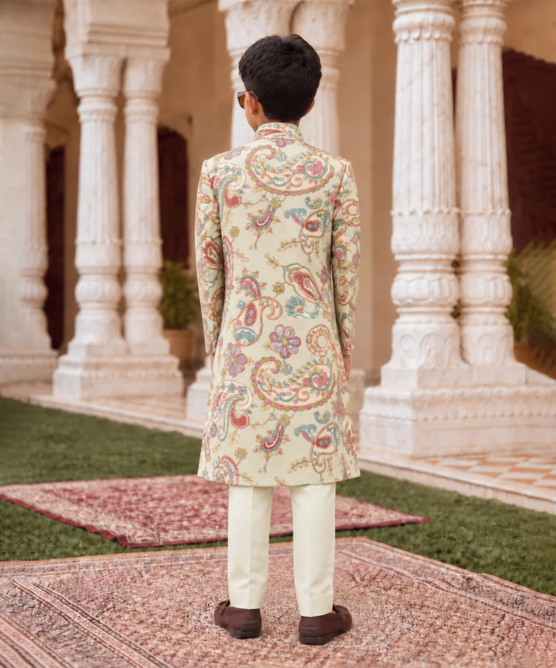Back view of boys' printed wedding sherwani