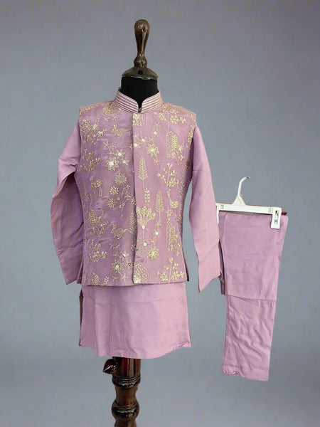Ethnic purple kurta pyjama set with embroidered waistcoat, top-rated kidswear shop Jaipur